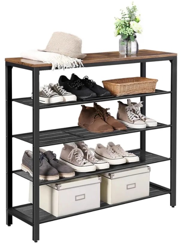 Suport incaltaminte TAYLOR maro cu structura neagra 100x92,5 cm, 4 rafturi