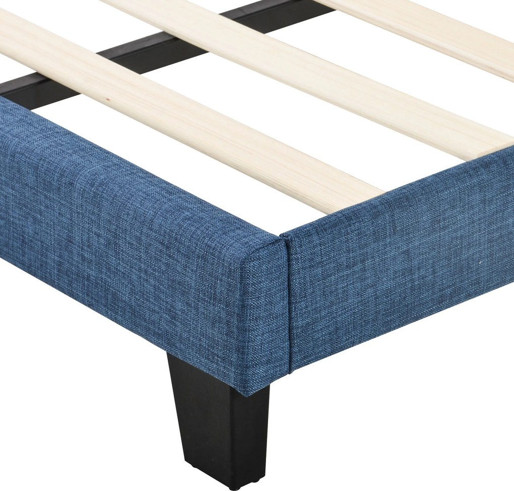 Pat dublu cu tăblie tapițată și somieră cu lamele, design elegant din in, fără saltea, 140x200 cm, Albastru