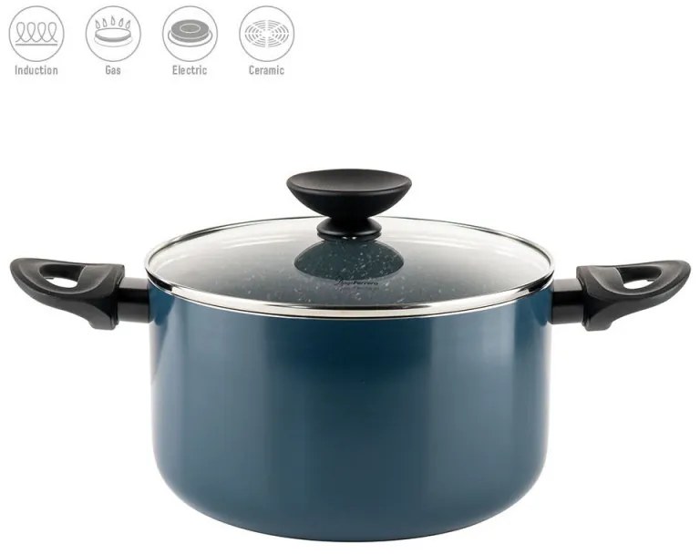 Oala cu capac din sticla Luigi Ferrero Prima FR-2245D, 22x13 cm, 4.5 l, Acoperire antiaderenta cu efect de marmura, Inductie, Albastru