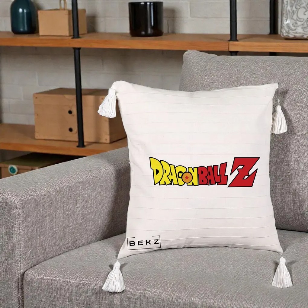 Perna Personalizata Dragon Ball Z Clasic, 40x40 cm, Bej cu Franjuri, Husa Detasabila, Perna Inclusa, BEKZ®