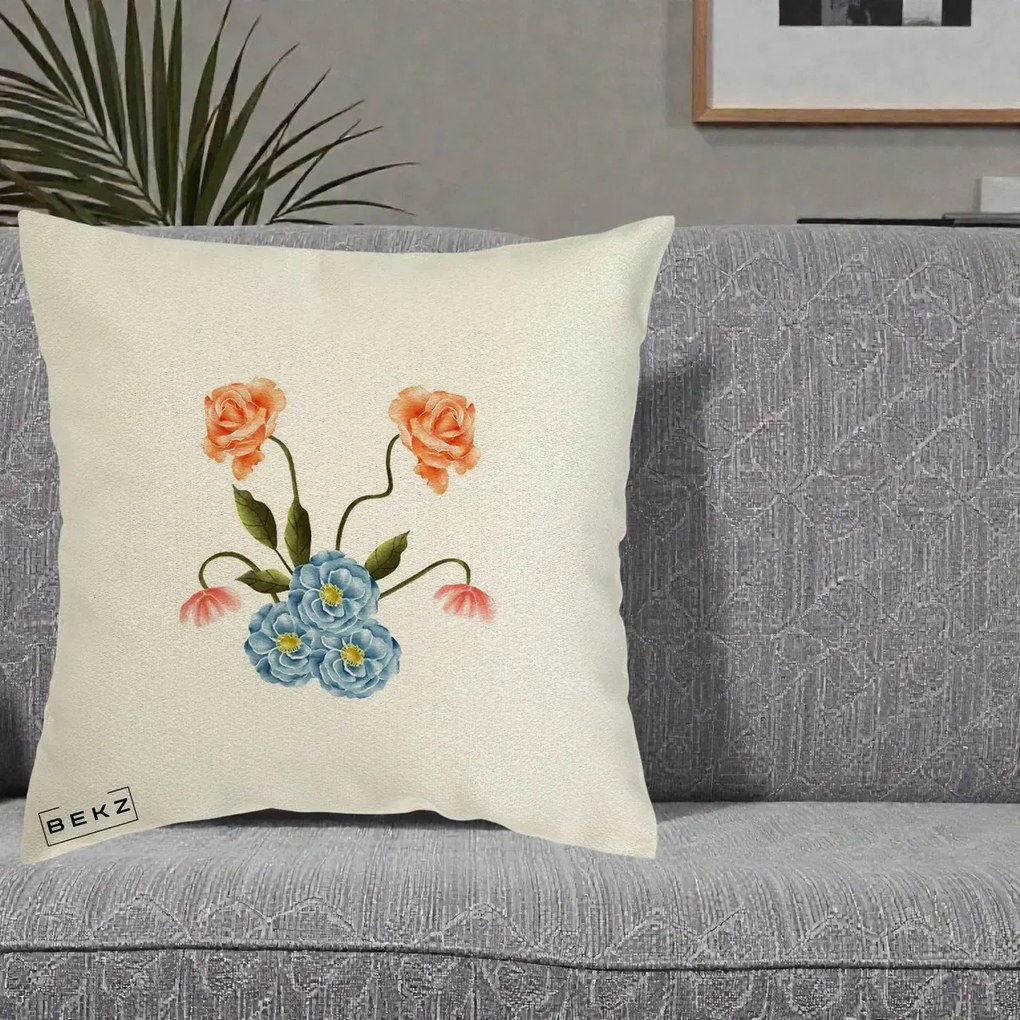 Perna Decorativa Trandafiri si Bujori Acuarela, 40x40 cm, Ecru, Husa Detasabila, Perna Inclusa, BEKZ®