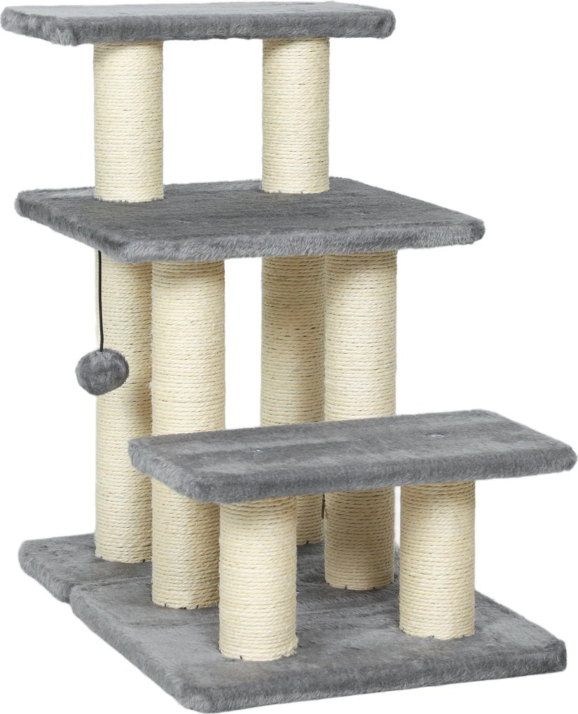 PawHut Scară pentru Câini și Pisici cu 3 Trepte din Pluș și Stâlpi Zgâriători din Sisal, Capacitate 10 kg, Gri | Aosom Romania