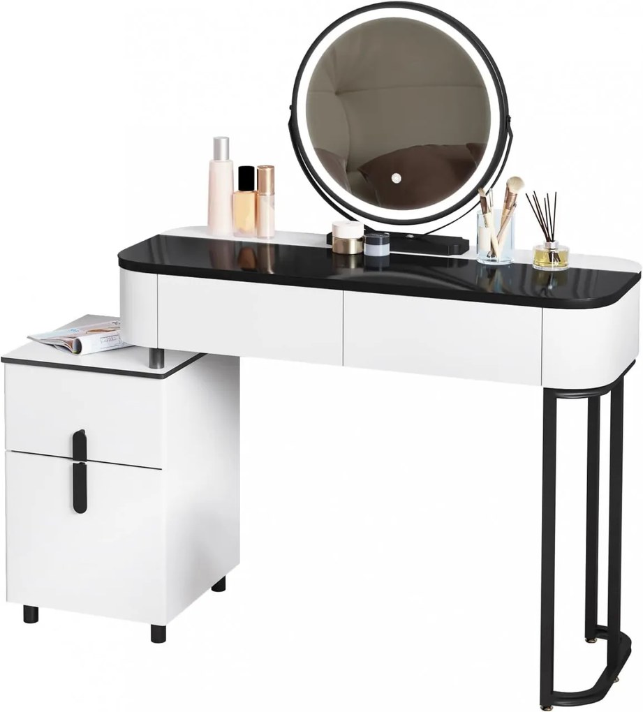 SEA469 - Set Masa toaleta 100 cm cosmetica machiaj, oglinda cu LED, masuta vanity, cu sau fara taburet - Alb - Negru