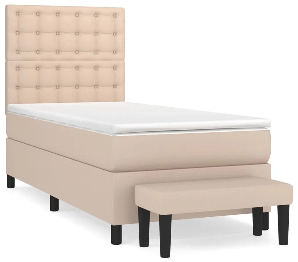 3137640 vidaXL Pat box spring cu saltea, cappuccino, 90x190 cm piele ecologică