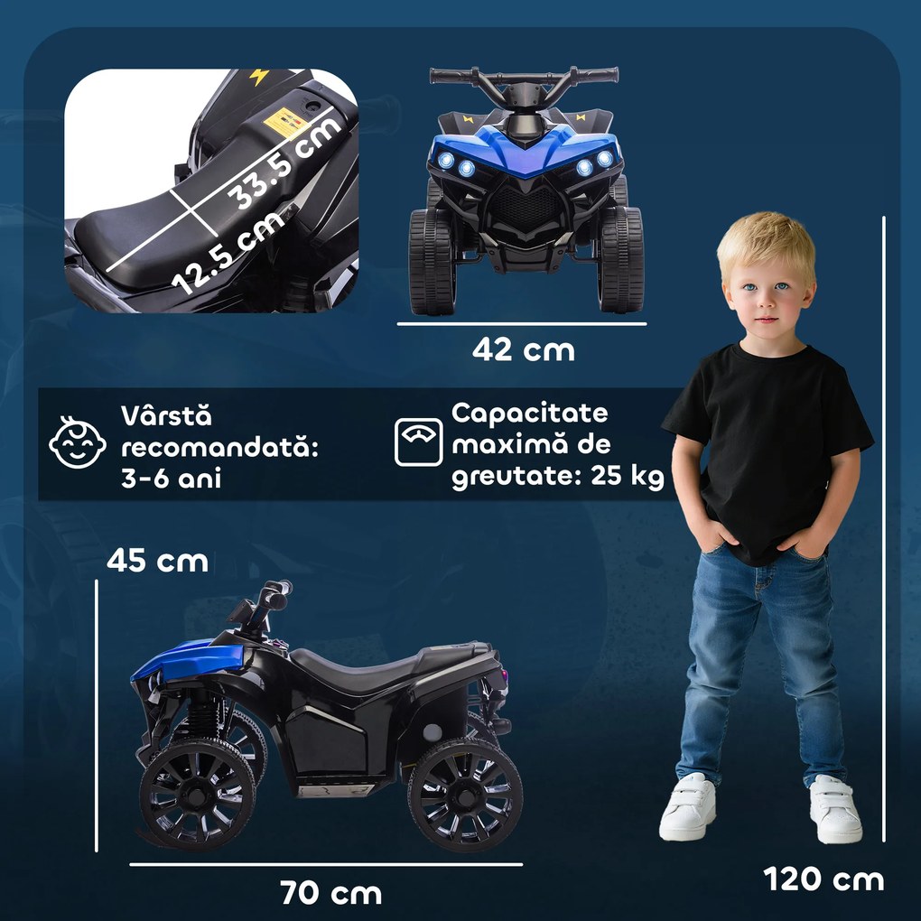 AIYAPLAY ATV pentru Copii 6V, Mașinuță Electrică cu 4 Roți cu Muzică și Faruri LED, pentru Vârstele 3-8 Ani Băieți și Fete, Albastru | Aosom Romania