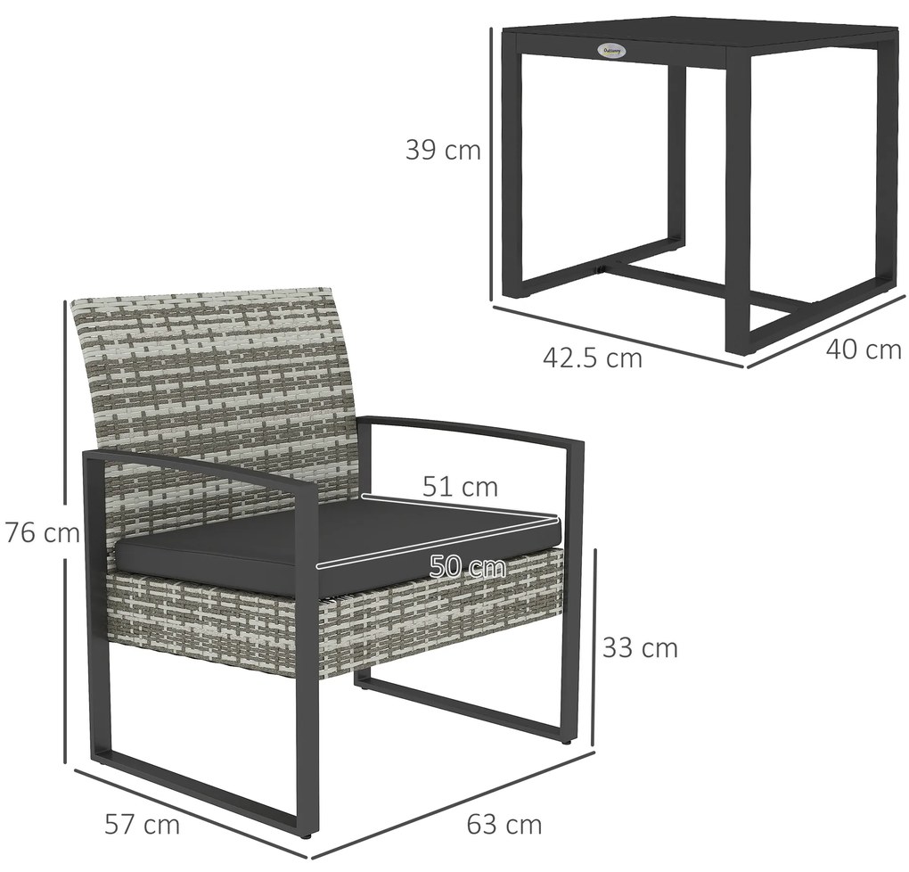 Outsunny Salon de jardin 3 piese 2 scaune cu perne + masă de cafea cu blat din sticlă securizată rășină tressée gri deschis | Aosom Romania