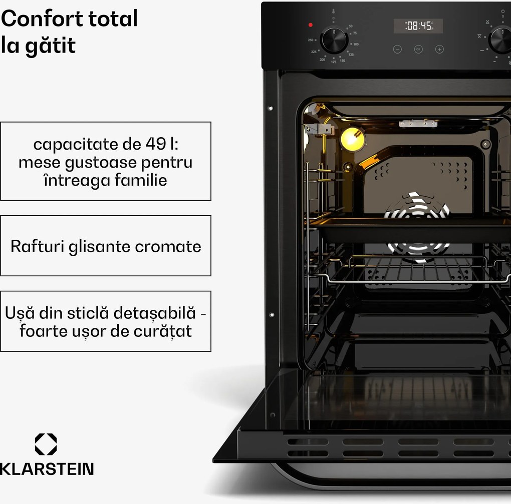 Klarstein Cuptor SmartSlim, Design subțire, 9 funcții, volum 49 l, curățare ușoară, EEK A