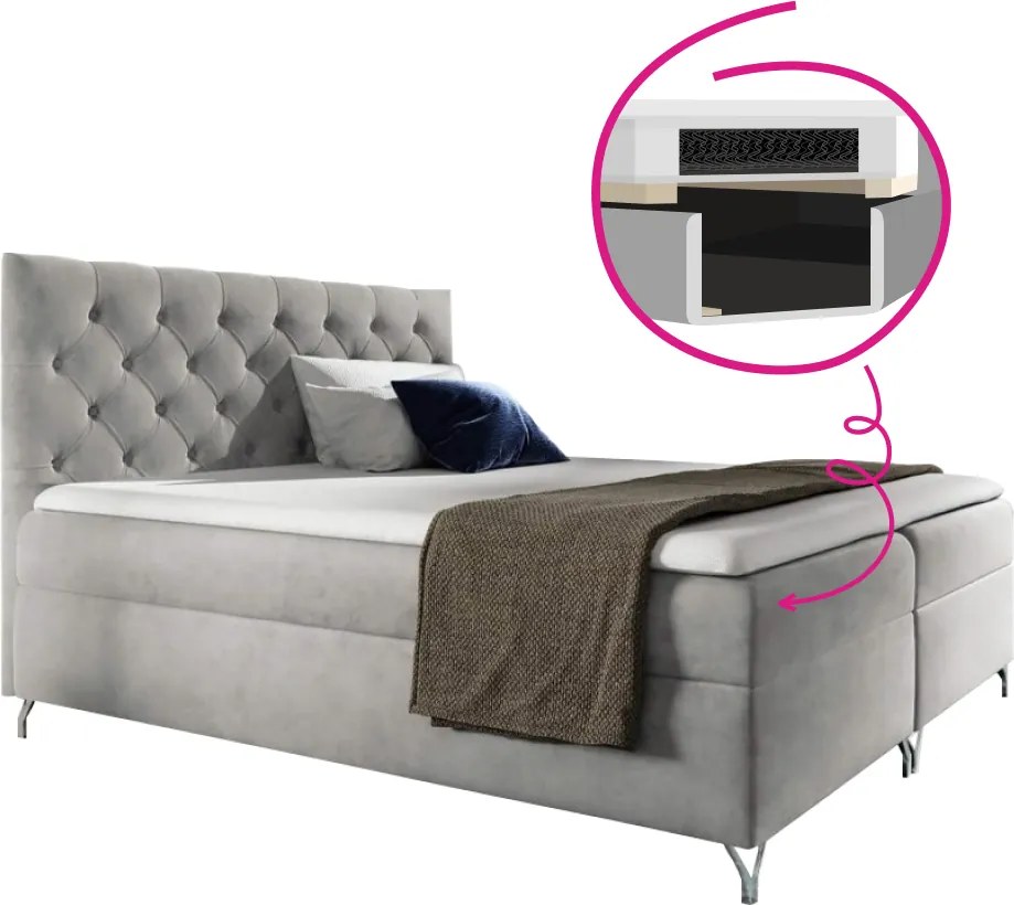 Pat cu boxspring, 140x200, ţesătură gri deschis Velvet, GULIETTE + cadou
