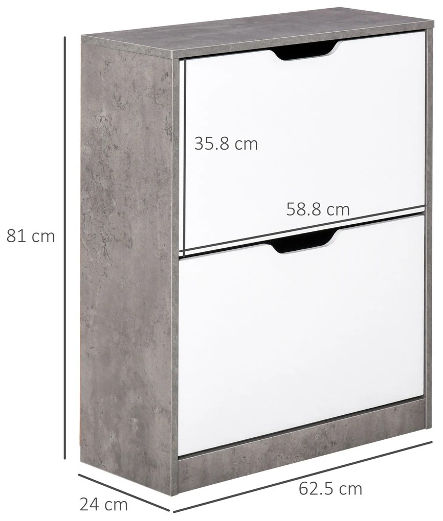 HOMCOM Dulap Pantofi cu 2 Uși, pentru 8 Perechi, Polițe Reglabile, Economisire Spațiu, Gri/Alb, 62,5x24x81 cm | Aosom Romania