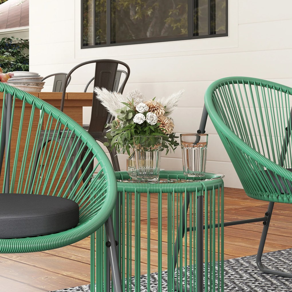 Outsunny Set de mobilier de exterior cu 3 piese, 1 masă, 2 scaune, placă de masă din sticlă, poliratan plastic înfășurat în cadre de oțel, perne moi, Verde | Aosom Romania
