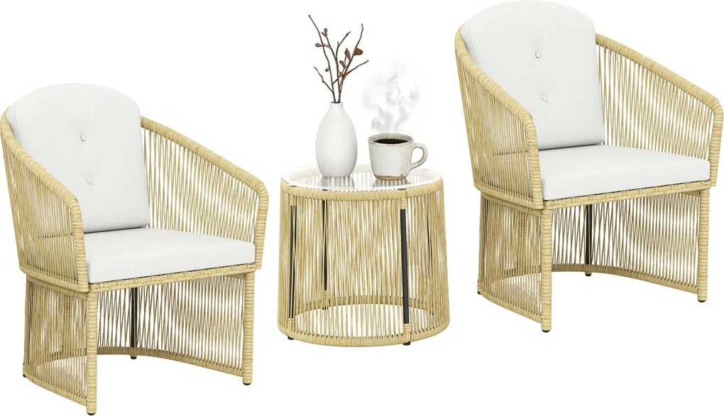 Outsunny Set de grădină exterior din rășină împletită pentru 2 persoane, masă de grădină exterioară cu 2 scaune cu perne, crem | Aosom Romania