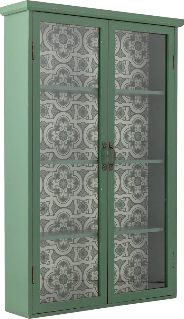 Dulap din lemn masiv verde cu uși vitrate și model floral interior, 81×18×122 cm, „Hazem"