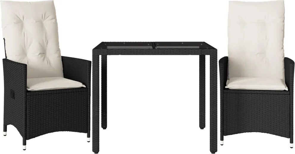 vidaXL Set bistro cu perne, 3 piese, negru, poliratan