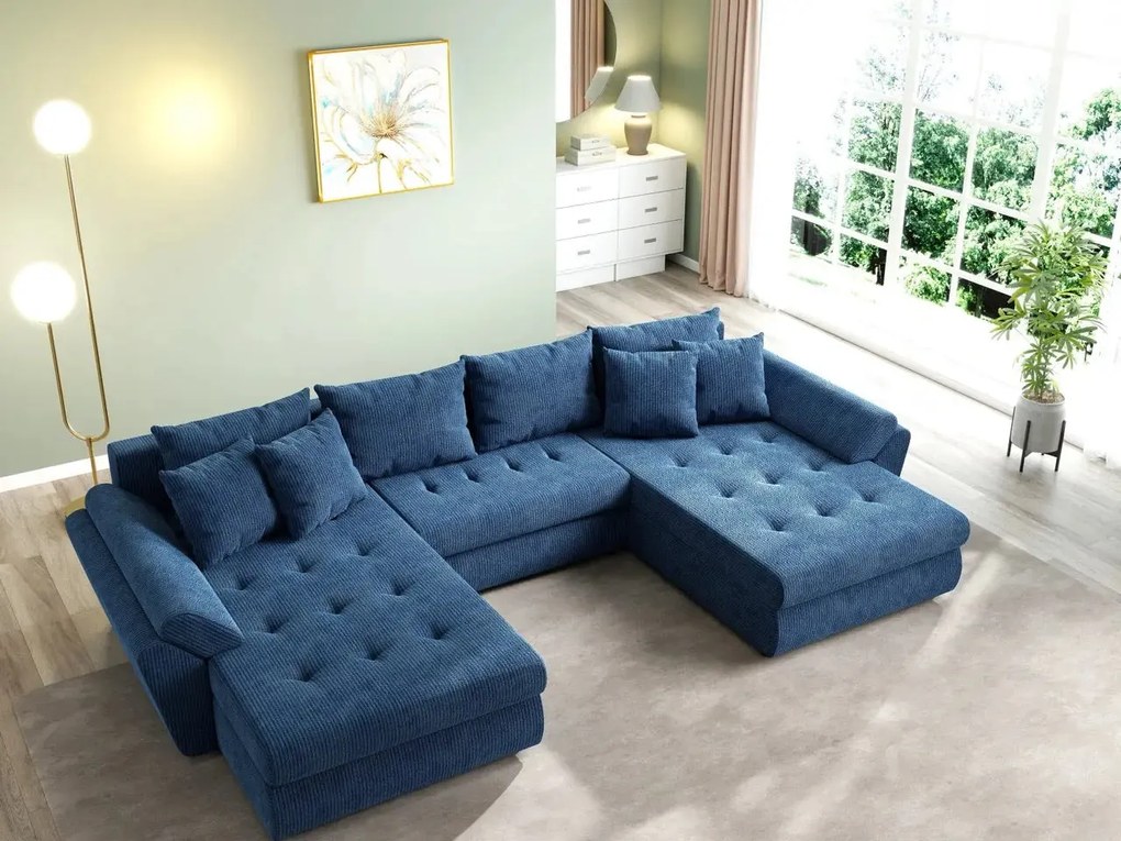 Colțar extensibil dumonde cu ladă de depozitare si sezut confortabil din spuma high-density, Loana U Zoom Blue 355x185 cm