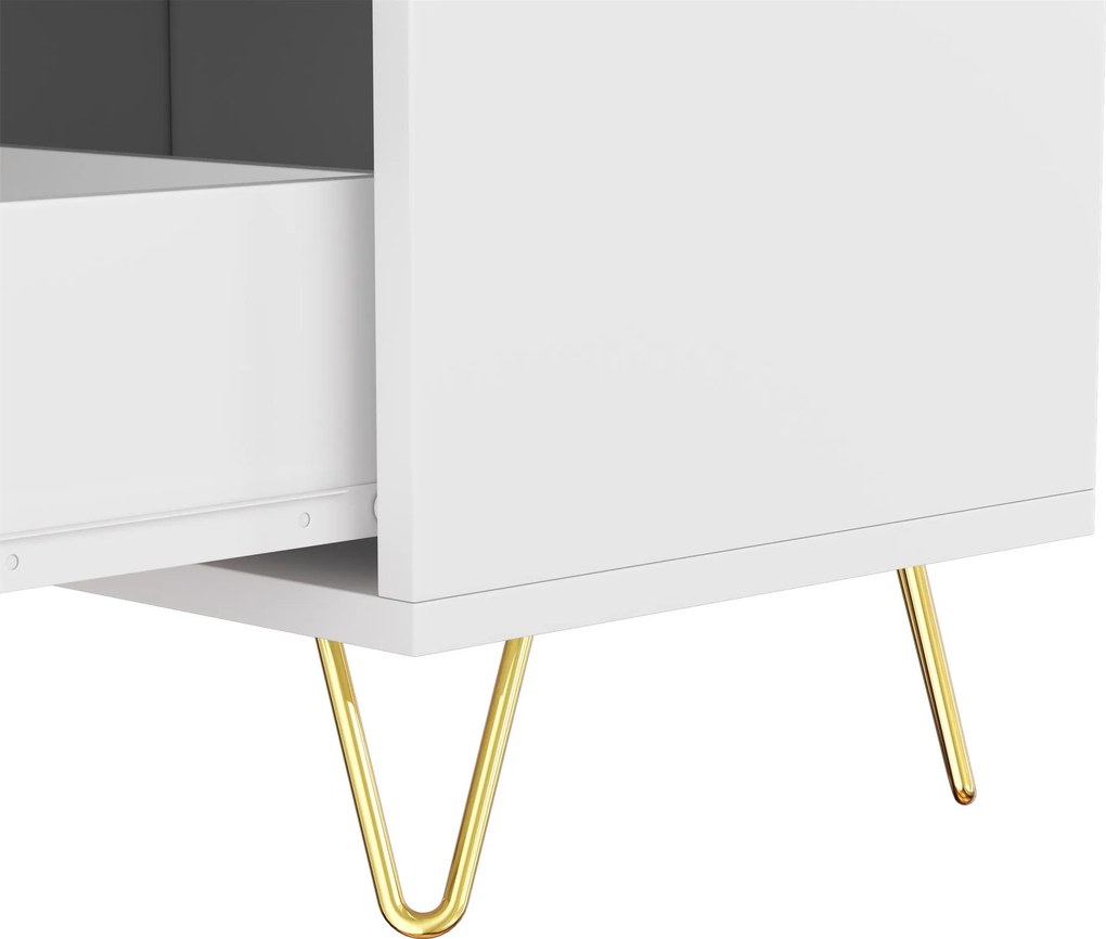 Bufet cu 6 sertare, mânere și picioare aurii, textură ondulată, 120x40x77 cm, Alb+Aurii
