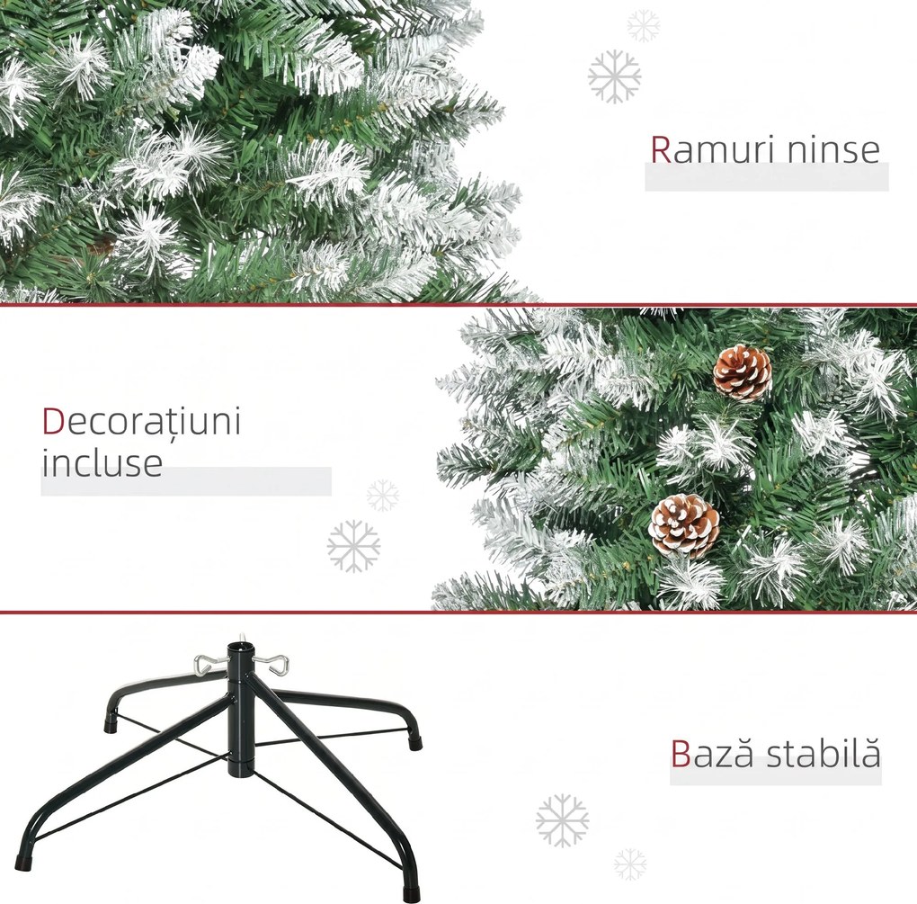 HOMCOM Brad de Crăciun Înzăpezit cu 630 Ramuri și 37 Conuri, Brad Artificial cu Bază Detașabilă, Ø75x180 cm, Verde | Aosom Romania