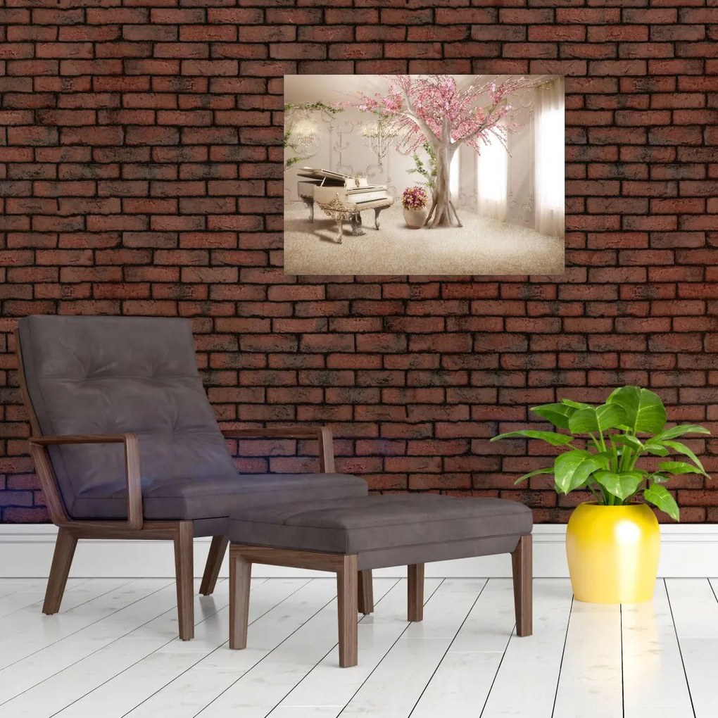 Tablou pe sticlă - Interior de vis cu pian (70x50 cm)
