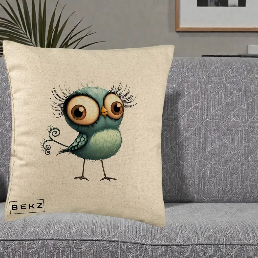 Perna Decorativa Pasare Teal cu Gene si Coada Spiralata, 40x40 cm, Bej, Husa Detasabila, Perna Inclusa, BEKZ®
