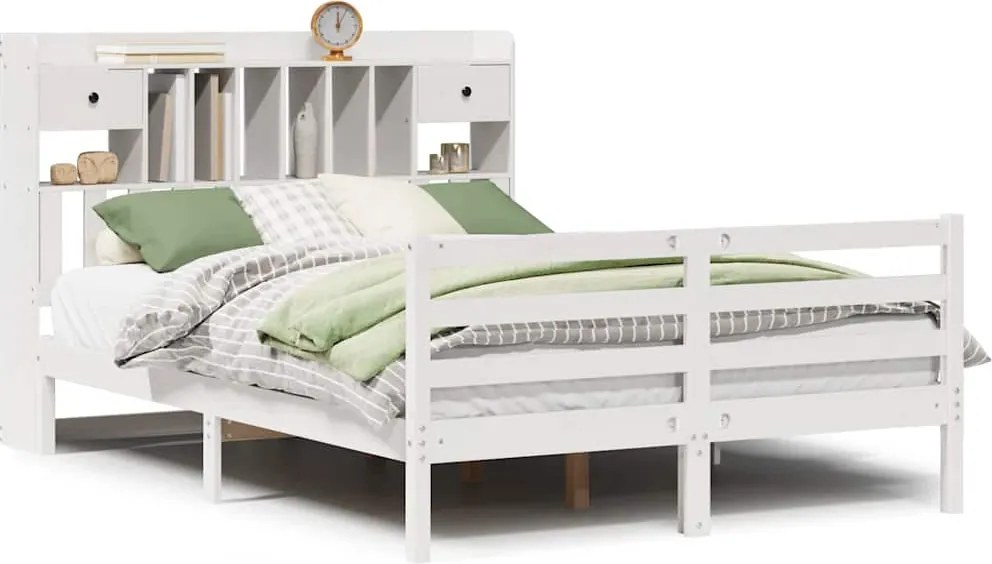 vidaXL Pat cu bibliotecă fără saltea, alb, 140x190 cm, lemn masiv pin