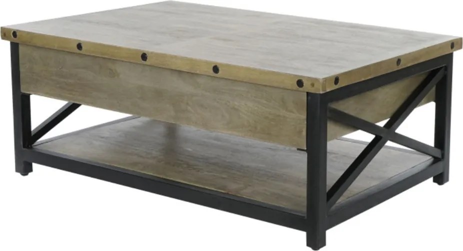 Măsuță de cafea dreptunghiulară din lemn de mango și metal, natur și negru, cu blat ridicabil și raft, 44 x 116 x 74 cm, „Barlow” – Ethnic Collections