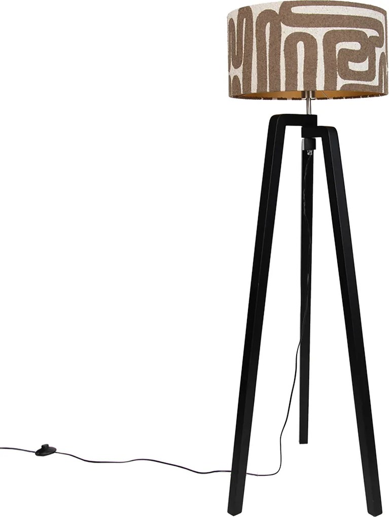 Lampă de podea neagră tip trepied cu abajur maro și bej cu dungi 50cm - Puros
