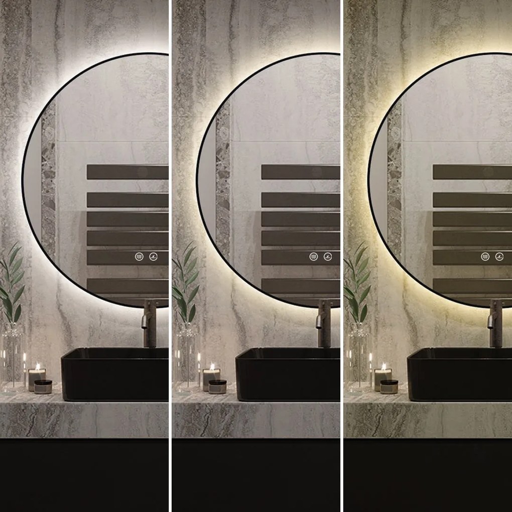 🪞 Oglindă LED cu Touch, Funcție Dezaburire și 3 Tipuri de Lumină – Model J188-60 Smack, Ø60 cm, Ramă Negru Mat