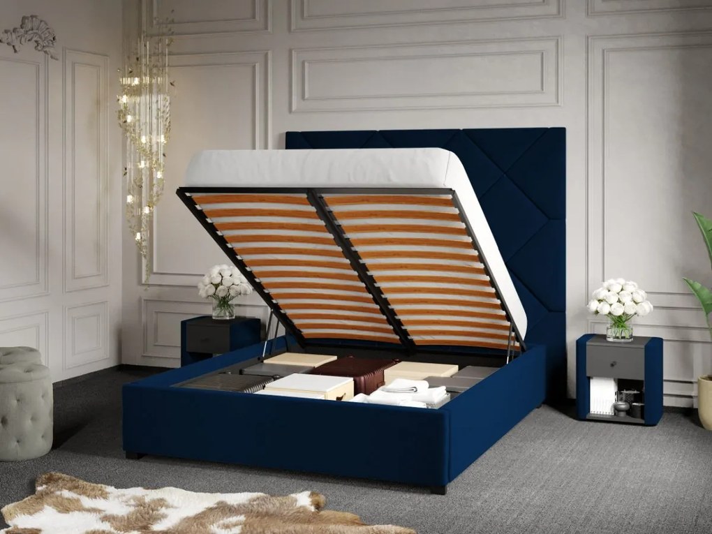 Pat Tapitat cu Panou 191x170 C2 Dubai pentru saltea de 190 rabatabil cu lada Albastru - Velluto 25 140x190