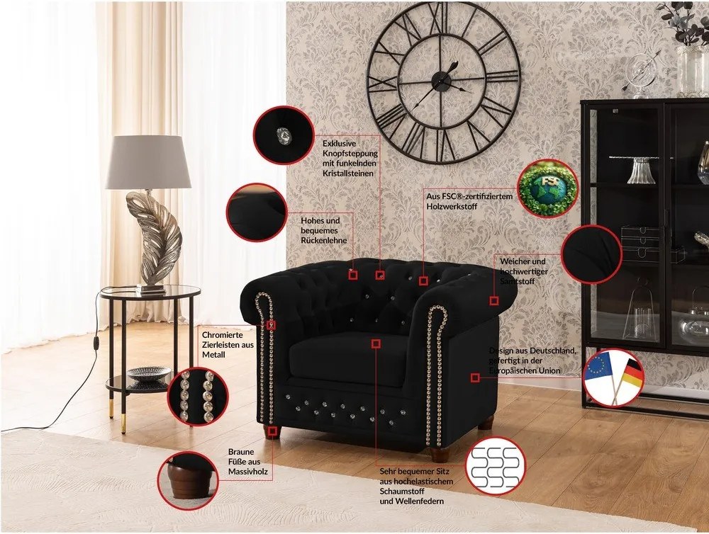 Fotoliu negru chesterfield cu tapițerie din catifea York Blik – Ropez