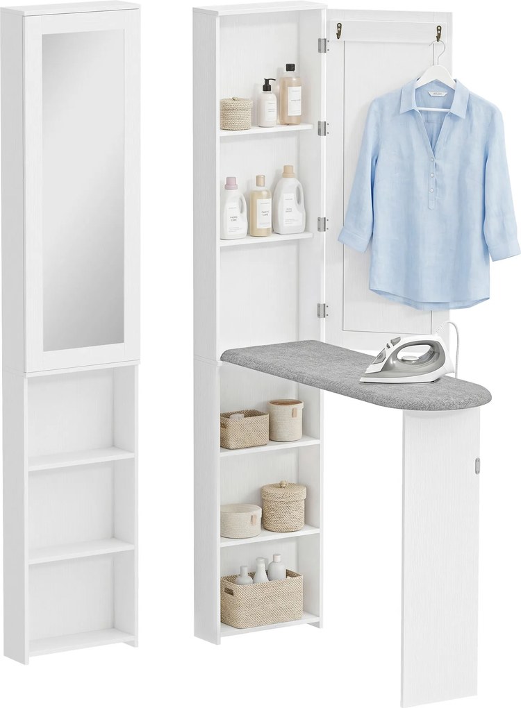 HOMCOM Dulap pliabil pentru masă de călcat cu ușă rafturi interne oglindă Economisitor de spațiu Masă de călcat pentru îngrijirea rufelor 106x35x174 cm Alb | Aosom Romania