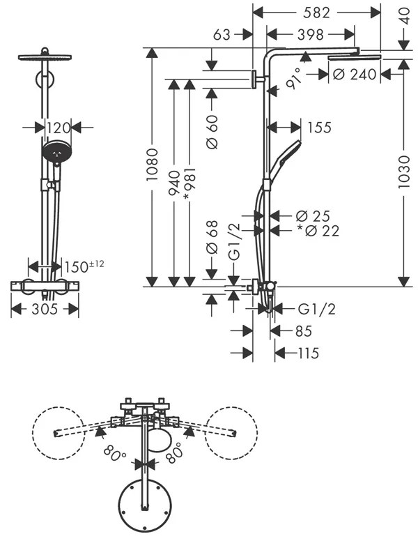 Coloana de dus Hansgrohe, Raindance Select S 240, cu baterie dus termostata, 1 jet, crom