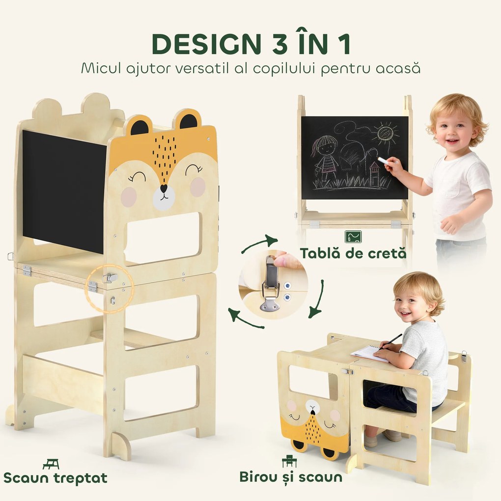 Turn Montessori AIYAPLAY pentru Copii 2-5 Ani cu Tablă și Măsuță, Scăunel pentru Copii din Placaj, 57x39x93 cm, Culoare Lemn | Aosom Romania