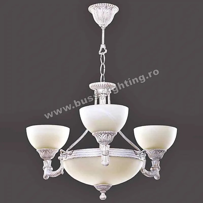 Lustra Malawi cu 3 Brate, Desing Clasic, Alb Patinat, Abajur Crem - Bussy Lighting 3075-70-03A