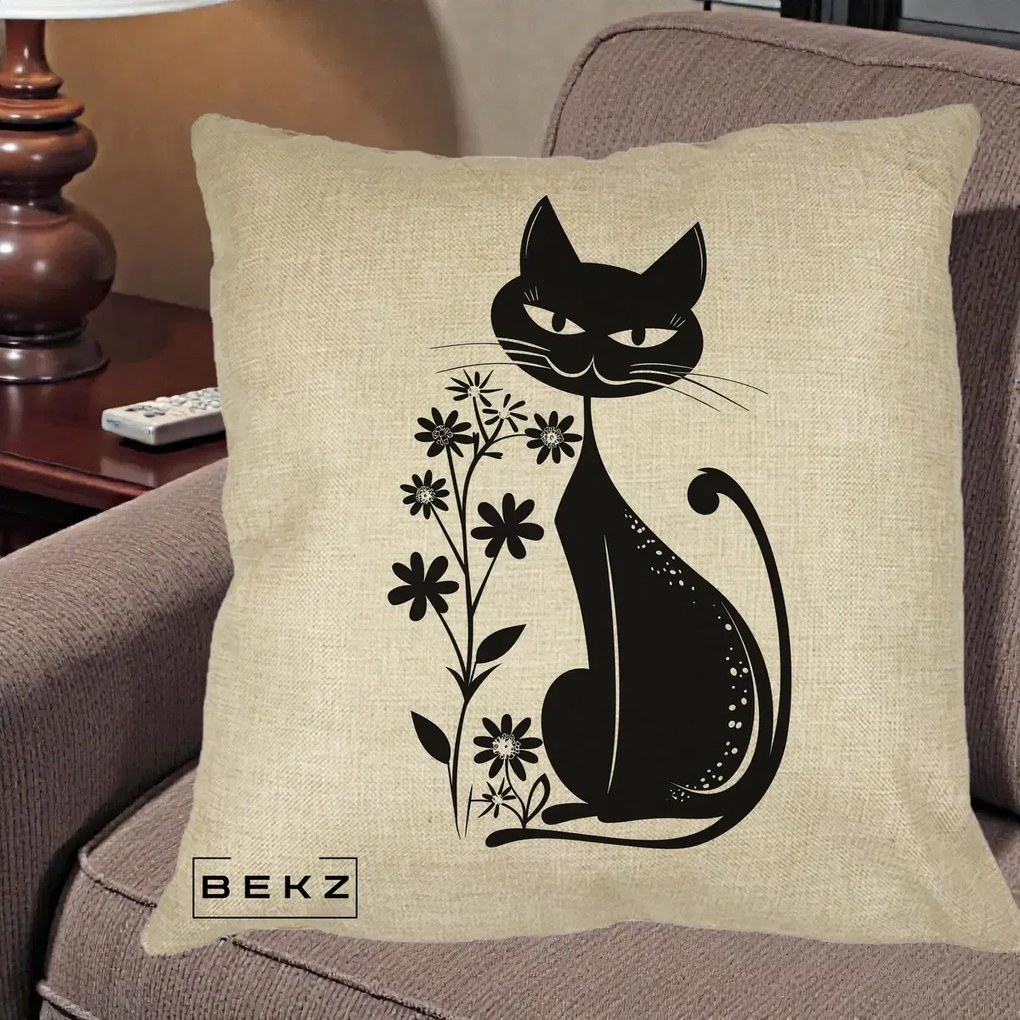 Perna decorativa Pisica Neagra Grafica Minimalista, 40x40 cm cu Umplutura, Crem, BEKZ