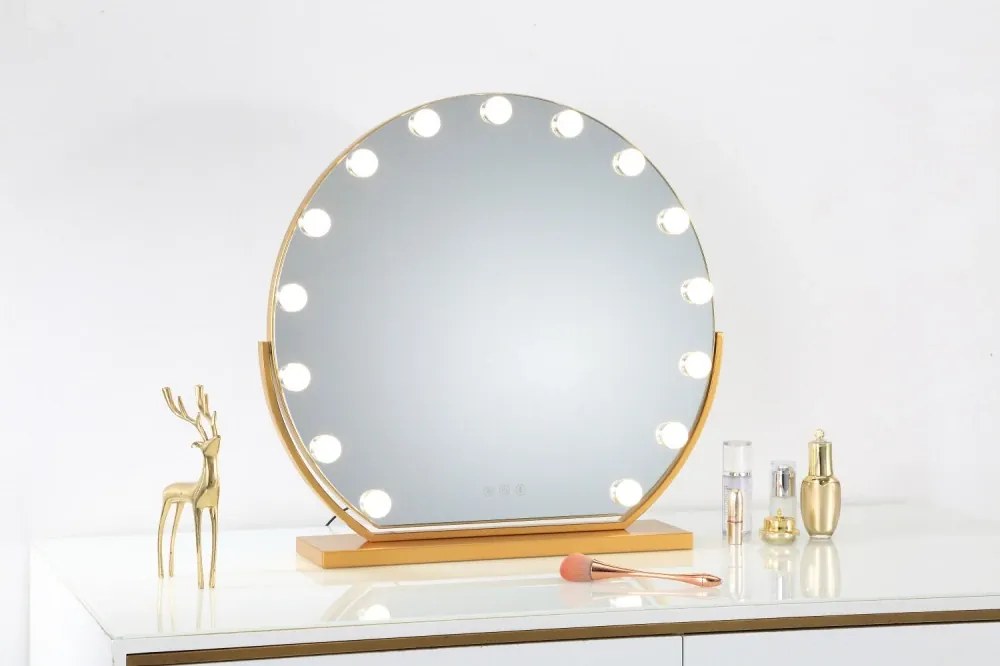 Oglindă cosmetică, sistem iluminare LED, 12 becuri, 3 culori, Senzor Tactil, Luminozitate Reglabilă, Auriu