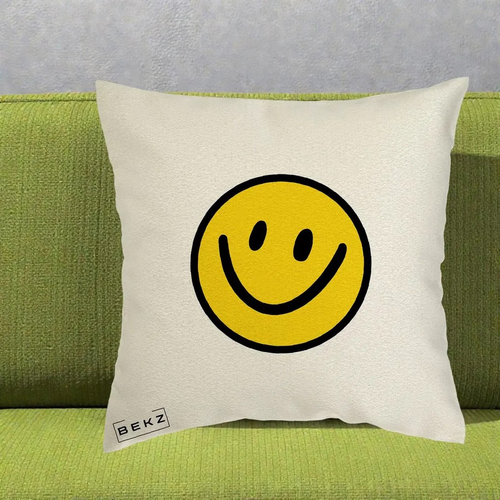 Perna Decorativa Smiley Face Galben Clasic, 40x40 cm, Ecru, Husa Detasabila, Perna Inclusa, BEKZ®