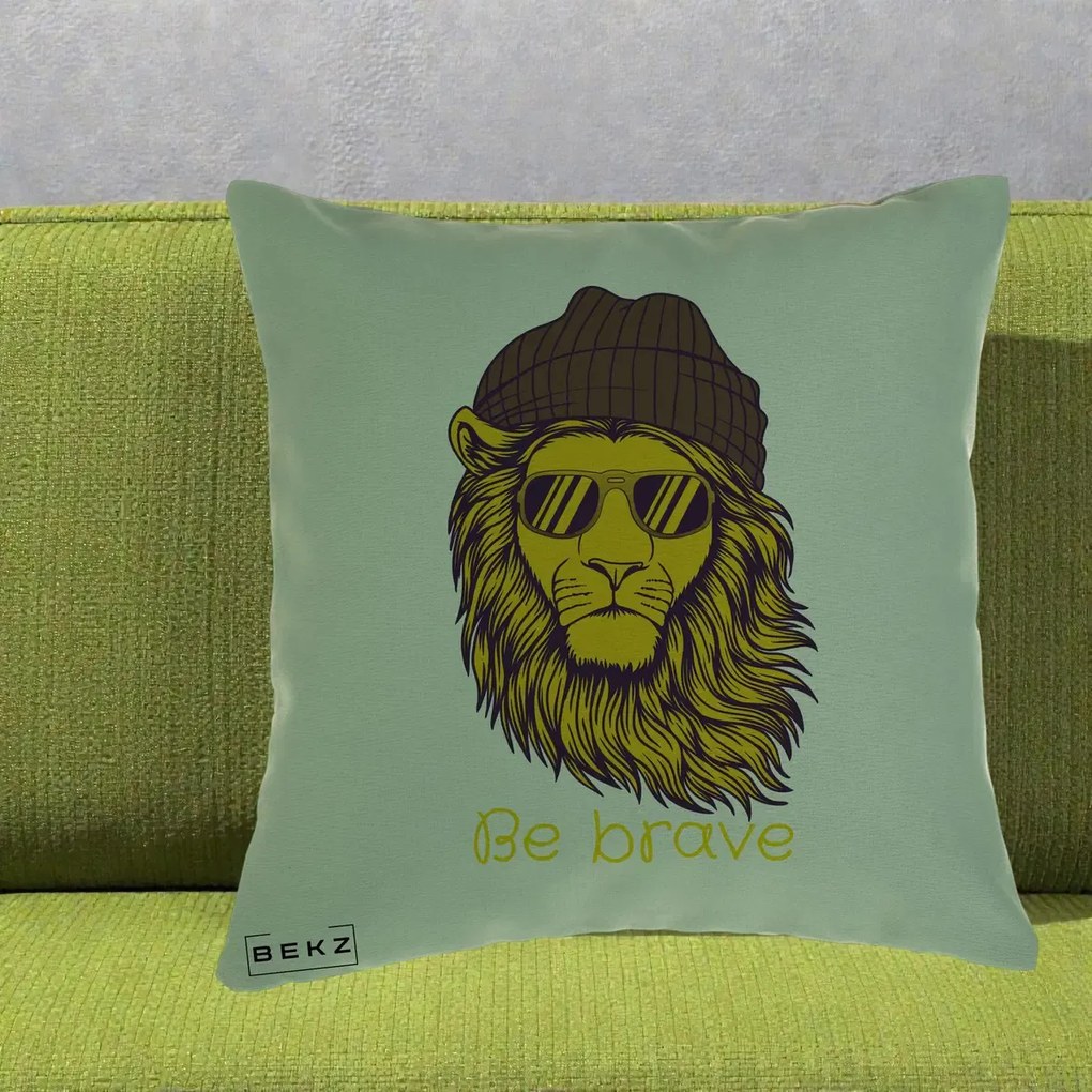 Perna Decorativa Leu Hipster Be Brave, 40x40 cm, Verde, Husa Detasabila, Perna Inclusa, BEKZ®