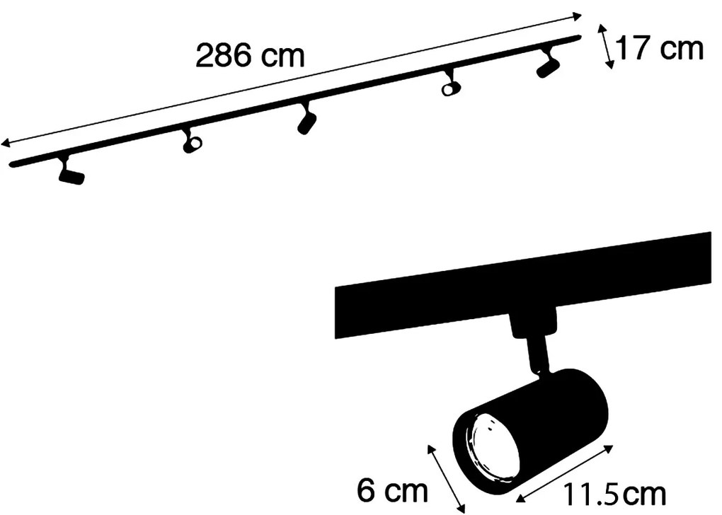 Sistem modern de iluminat pe șine cu 5 spoturi negre fumurii monofazate - Iconic Jeana