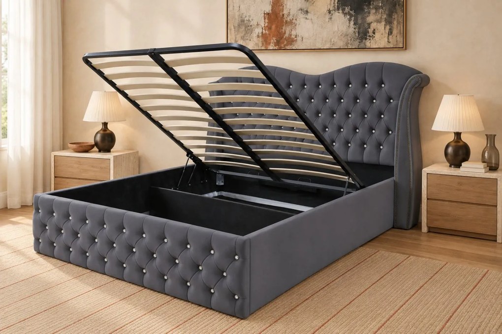 Pat tapițat Chesterfield Avella 160×200 cm, gri închis, cu ladă de depozitare
