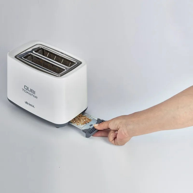 Prajitor de paine Ariete QUBI 0157/00, 760W, 2 felii, Buton de oprire, 7 trepte, Tava firimituri detasabila, Alb