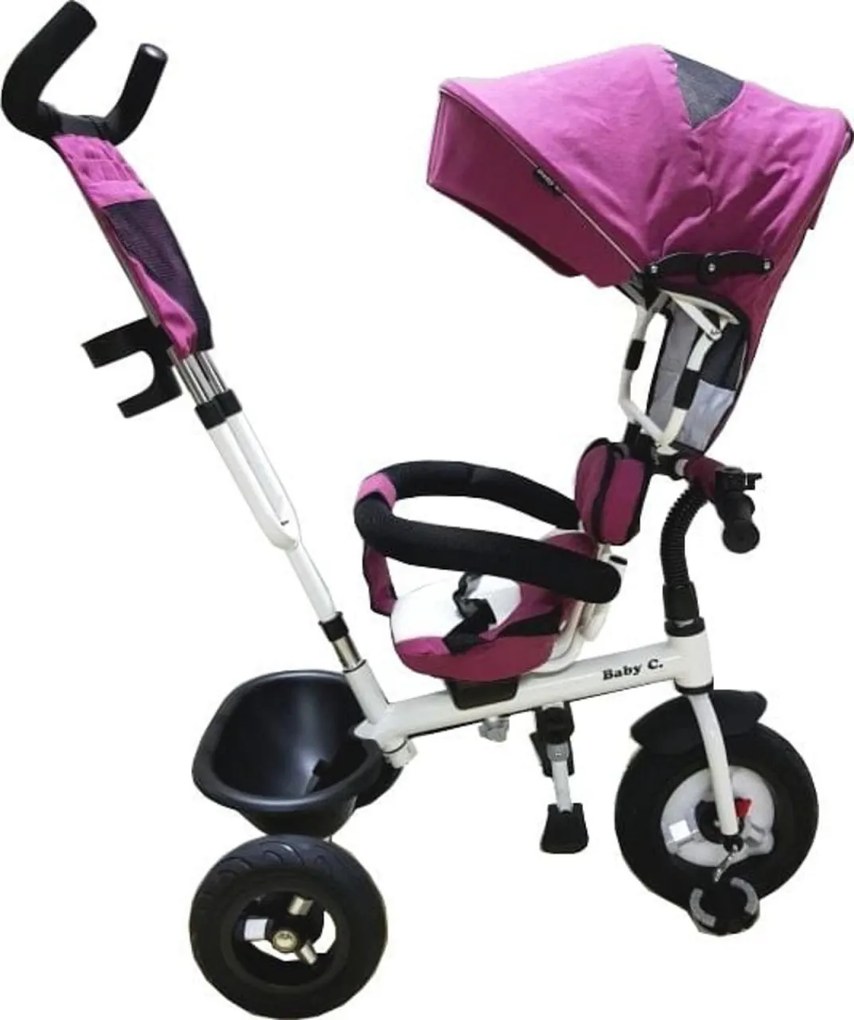 Tricicleta cu copertina NOVOKIDS™ Baby C, roti din cauciuc, frana si maner pentru parinti, cadru metalic, Mov