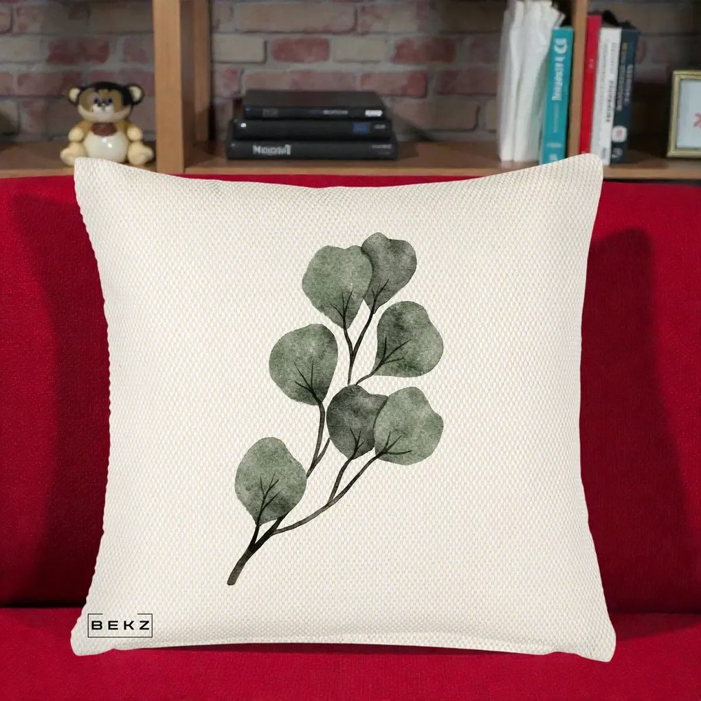 Perna Decorativa Ramura Eucalipt Acuarela, 40x40 cm, Crem Reliefat, Husa Detasabila, Perna Inclusa, BEKZ®