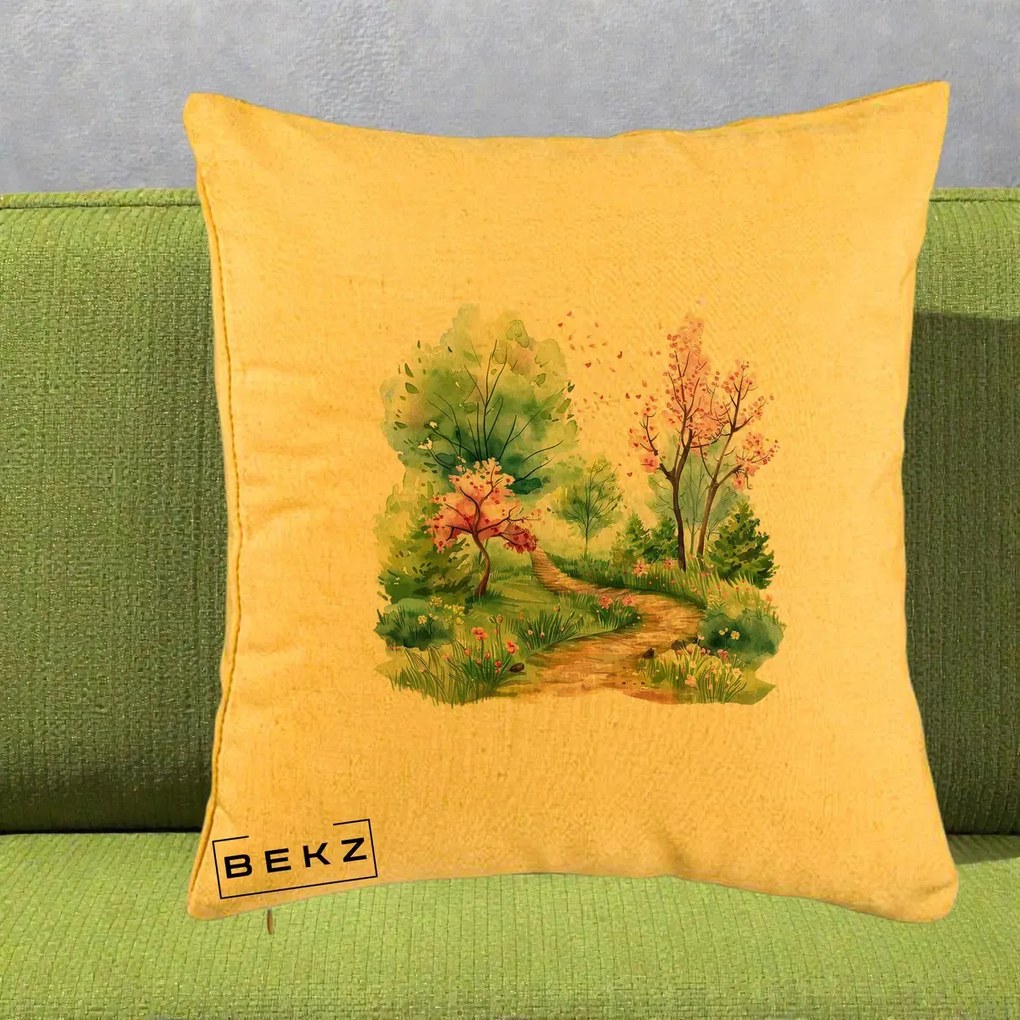 Perna Decorativa Gradina Primavara Acuarela, 40x40 cm, Galben, Husa Detasabila, Perna Inclusa, BEKZ®