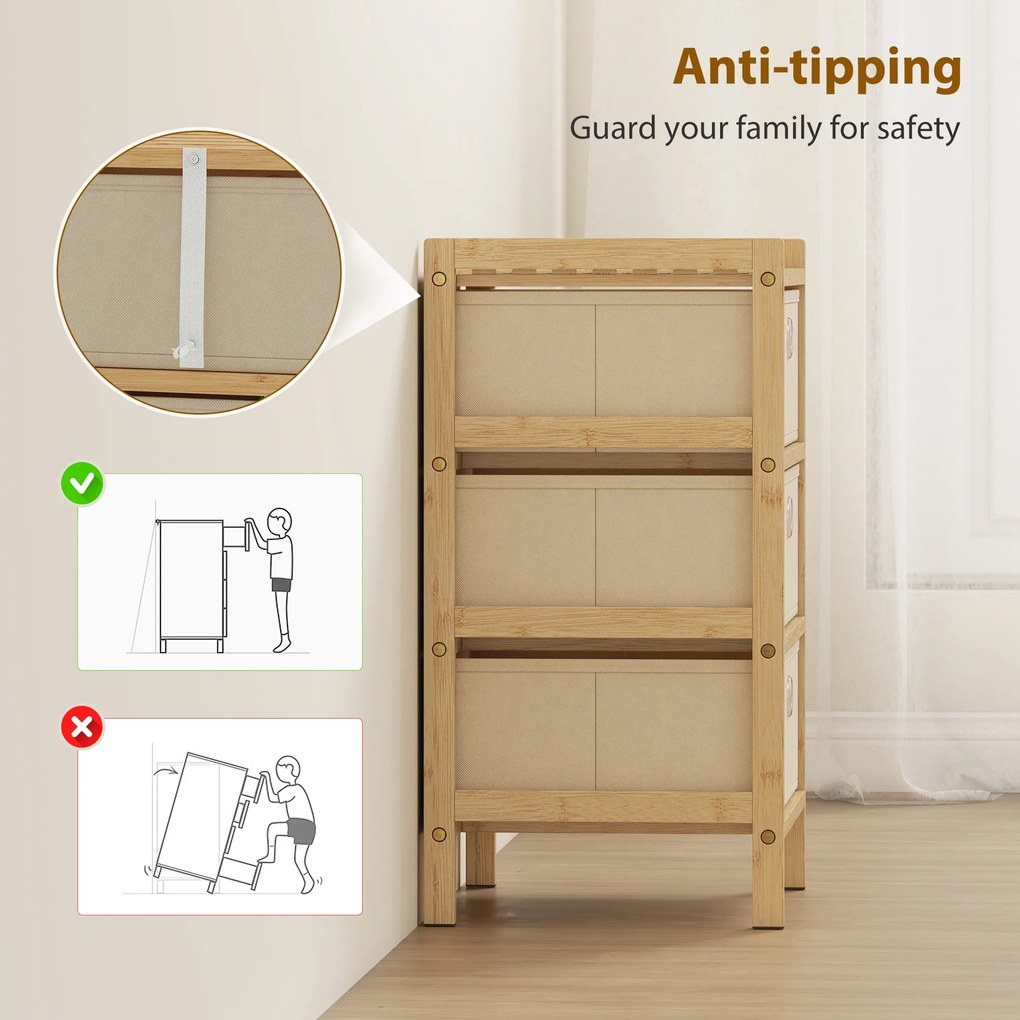 HOMCOM Comodă cu 3 Sertare din Material Textil Structură din Bambus Comodă pentru Spații Mici Crem și Natural | Aosom Romania