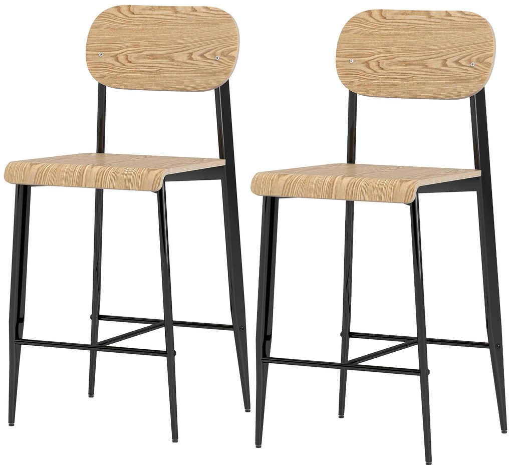 HOMCOM Set de 2 taburete de bar, înalte 65H cm cu spătar, structură din oțel, efect de lemn natural | Aosom Romania