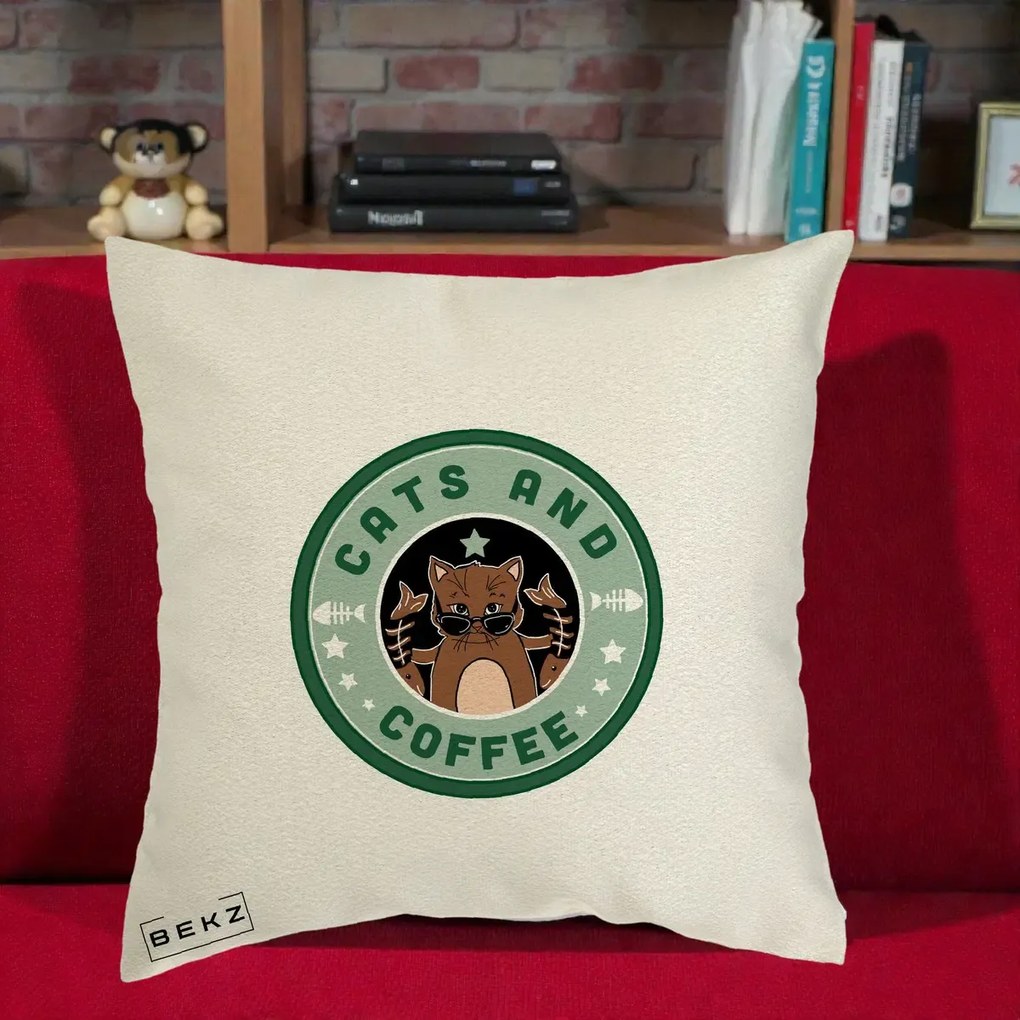 Perna Personalizata Cats and Coffee Starbucks, 40x40 cm, Ecru, Husa Detasabila, Perna Inclusa, BEKZ®