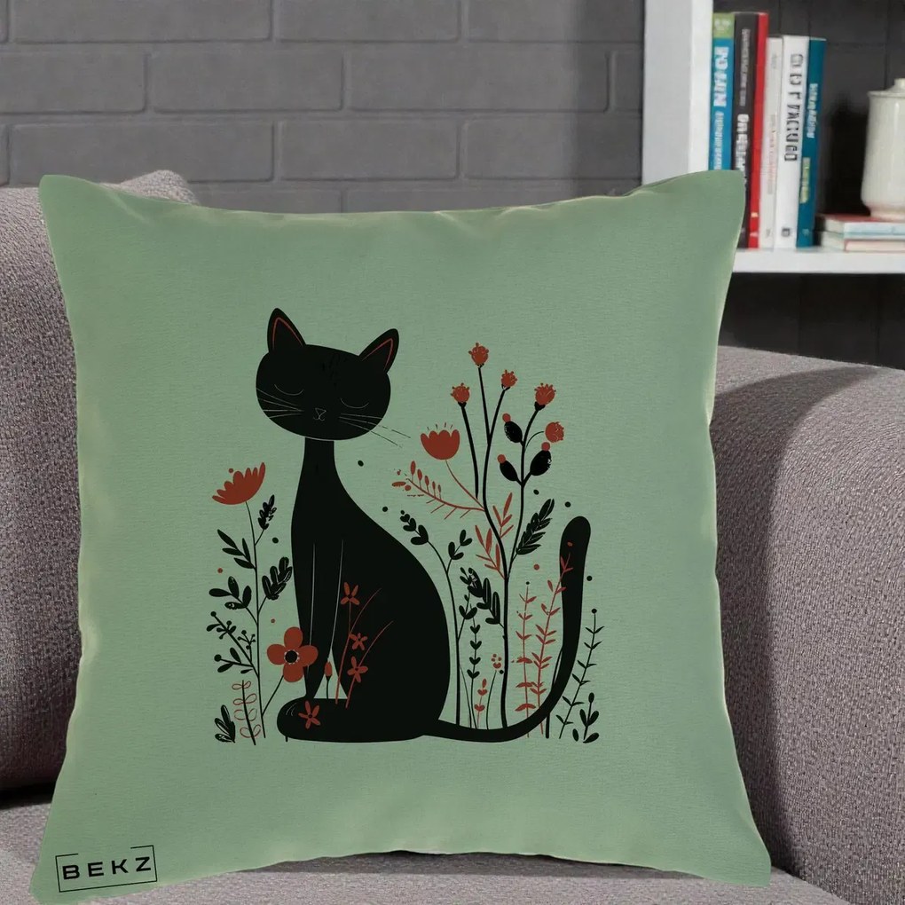 Perna Decorativa Pisica Neagra Flori Rosii Folk Minimal, 40x40 cm, Verde, Husa Detasabila, Perna Inclusa, BEKZ®