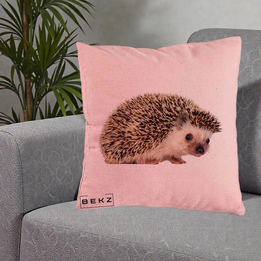 Perna Decorativa Arici Fotorealist, 40x40 cm, Roz, Husa Detasabila, Perna Inclusa, BEKZ®