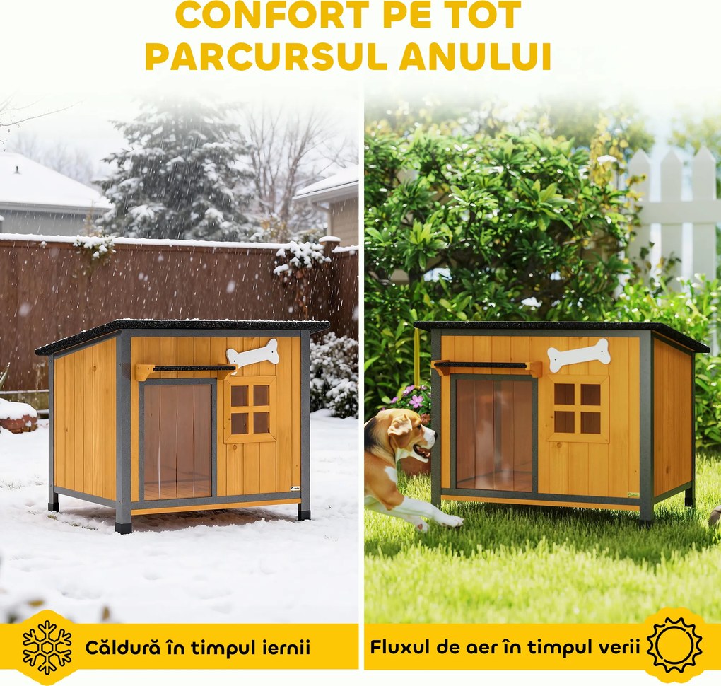 PawHut Cușcă pentru câini de exterior din lemn și oțel rezistent la mușcături, cu acoperiș rabatabil și perdea pentru ușă, galben | Aosom Romania