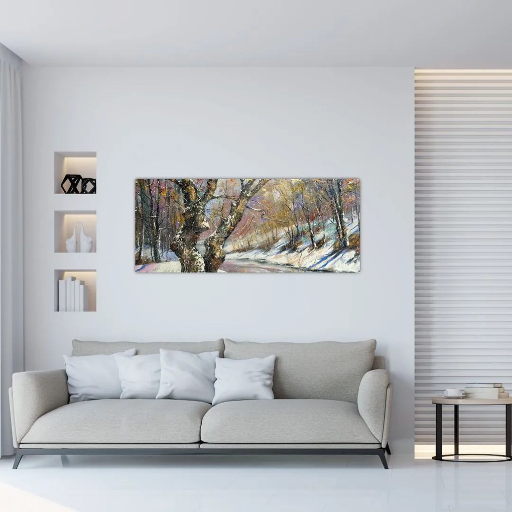 Tablou cu peisaj de iarnă pictat (120x50 cm)
