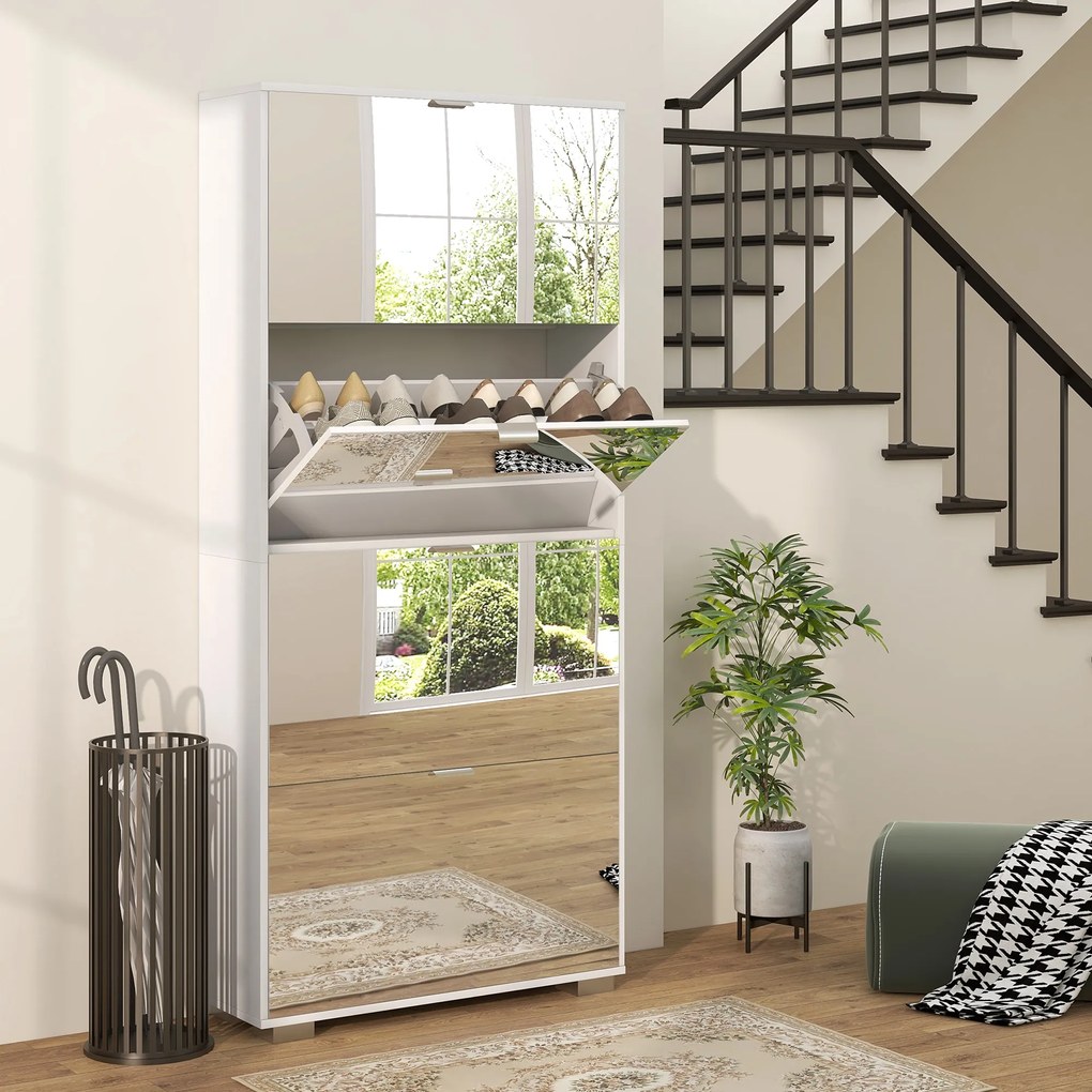 HOMCOM Dulap pentru Depozitarea Încălțămintei cu Uși, Oglindă și 3 Sertare Rabatabile, 76x26x168 cm, Alb | Aosom Romania